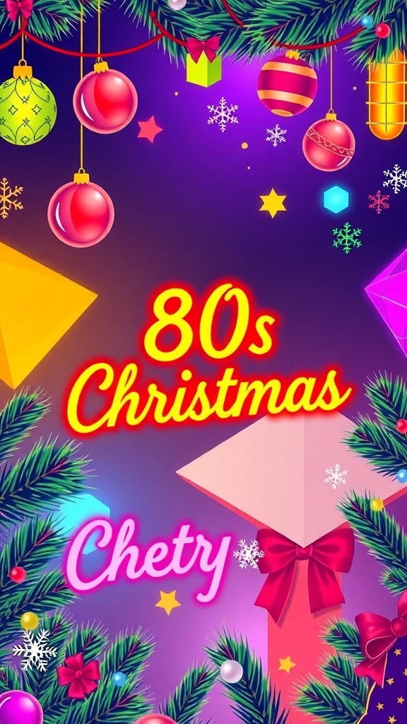 A vibrant 80s Christmas background with neon colors and retro holiday motifs.